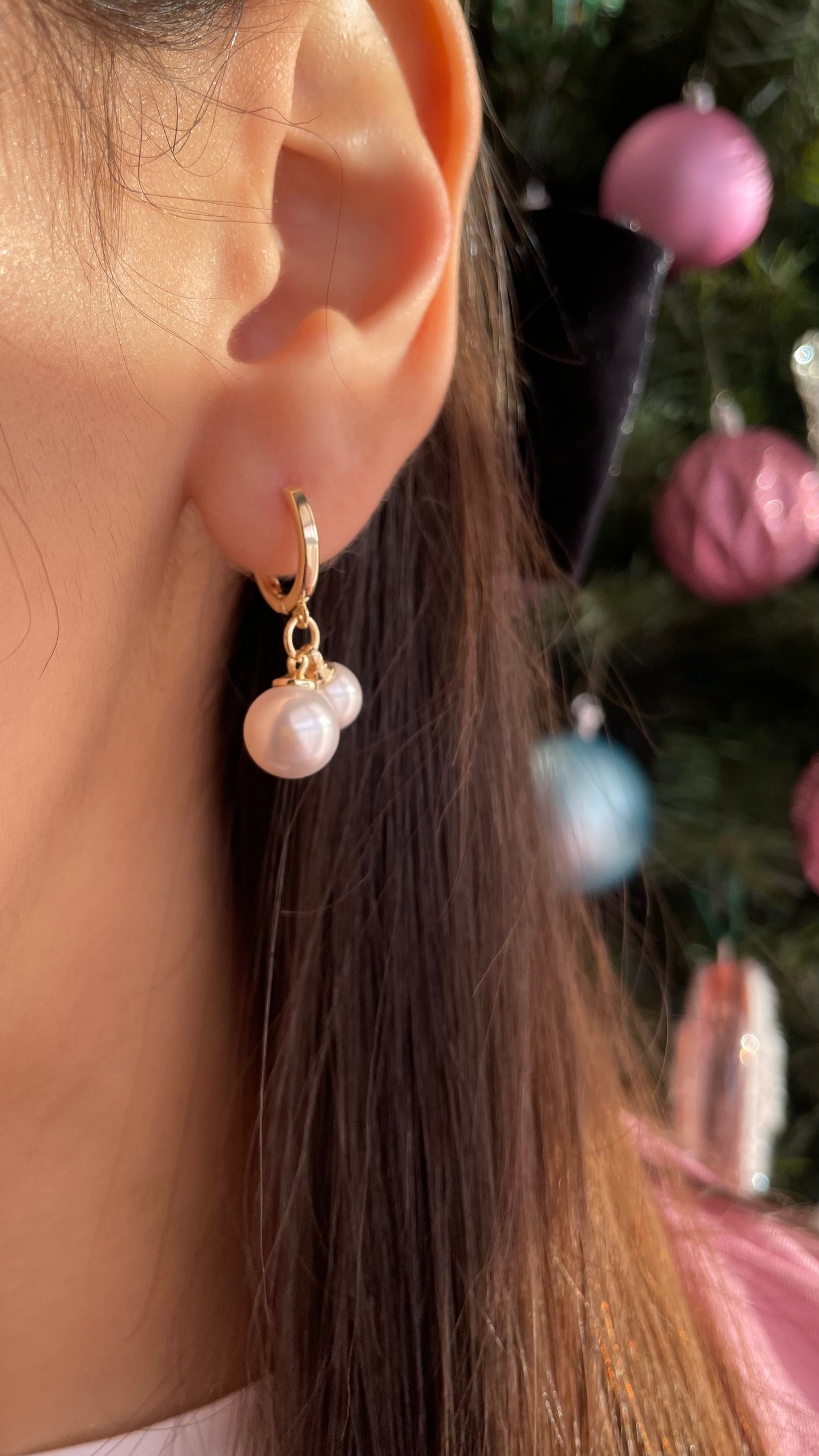 Faux pearl hoop earrings, pearl earrings for women, mini hoop earrings with double imitation pearl detail