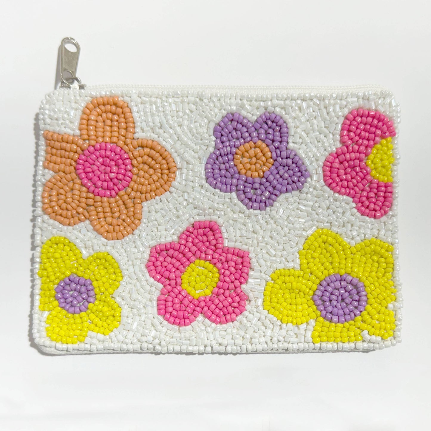 Intricate beaded coin purse with 6 flower designs in several colors