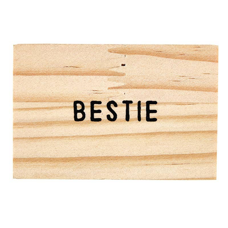 Perfect gift for your bestie, a personalized wooden box with the word "bestie" which includes a personalized stainless steel gold plated necklace