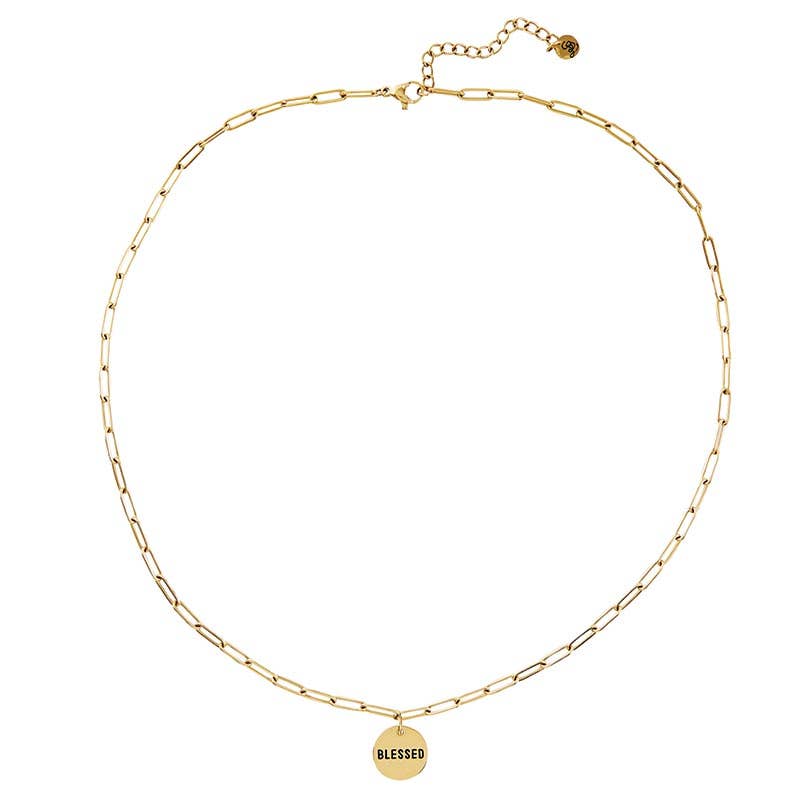 Stainless steel gold plated link necklace with personalized charm with the message "blessed" perfect for everyday wear
