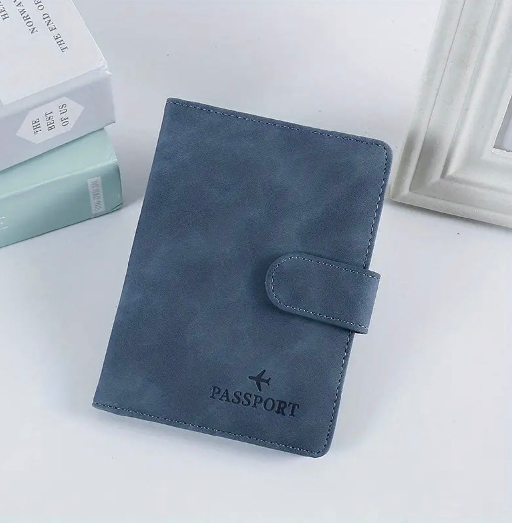 Personalized Blue Passport cover with suede-like texture to keep passport and tickets secure includes a magnetic clip
