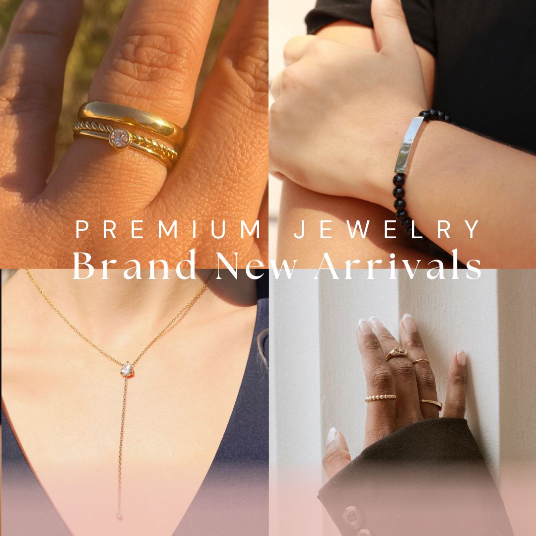 New Arrivals. Luxury Jewelry collection featuring personalized ring, personalized onyx bracelet, CZ stone necklace and stackable rings