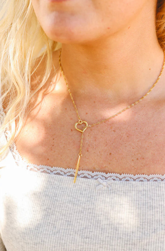 Stainless steel heart with drop bar lariat necklace 
