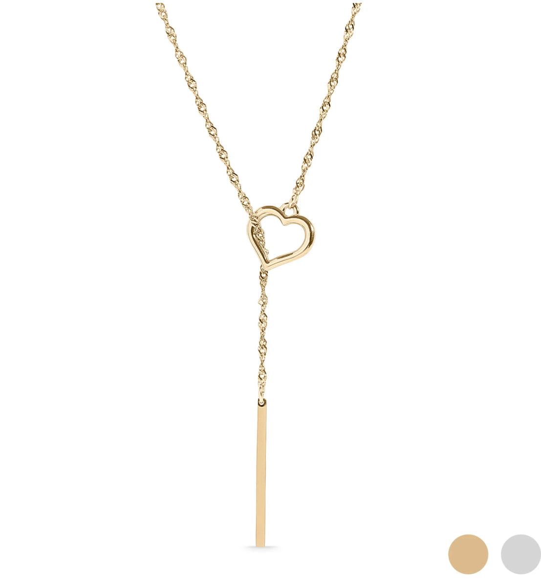 Stainless steel gold plated necklace features a heart and a drop bar that runs through the heart