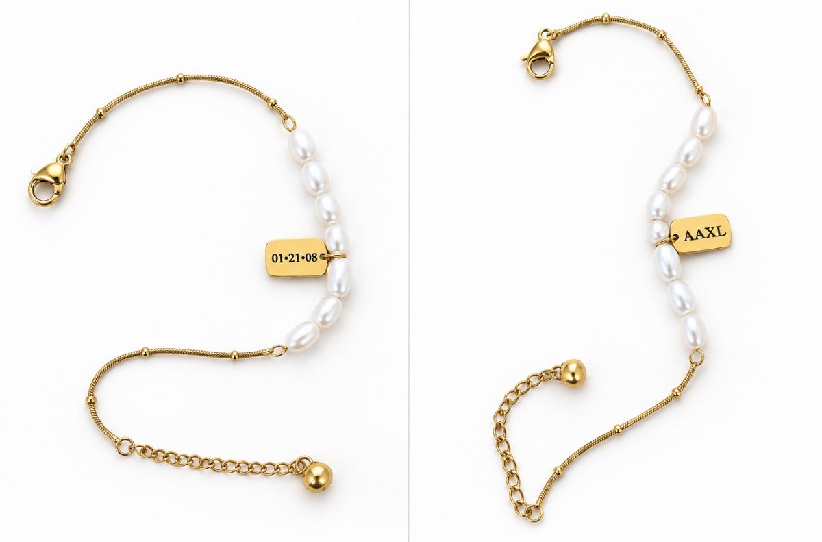 Personalized pearl charm bracelet engraved with initials and meaningful date