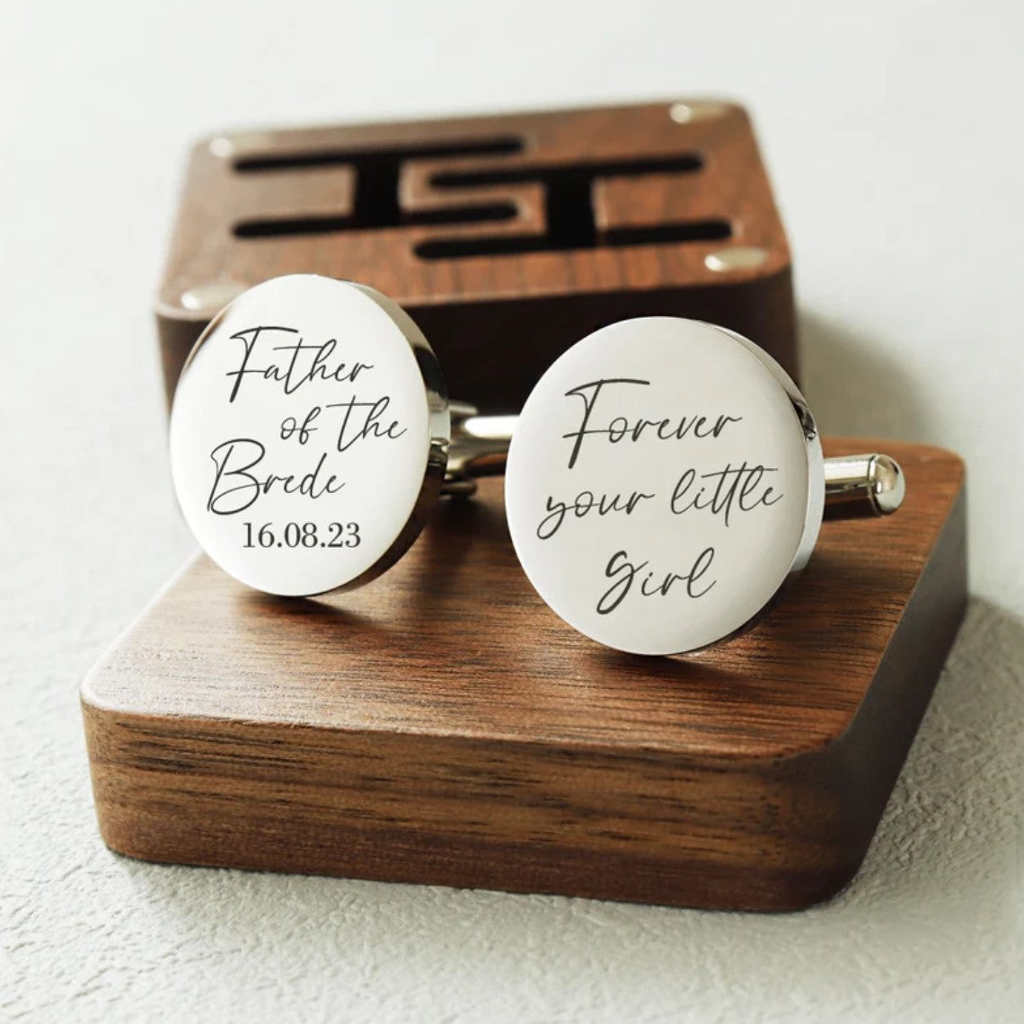 Personalized stainless steel cufflinks for father of the bride with wood box