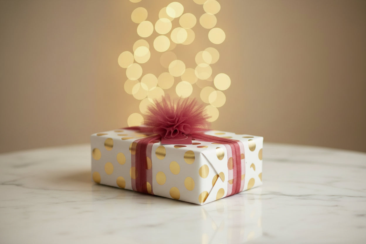 Gift box wrapped in a white and gold polka dot wrapping paper with burgundy tulle bow. The gift is placed on a table.