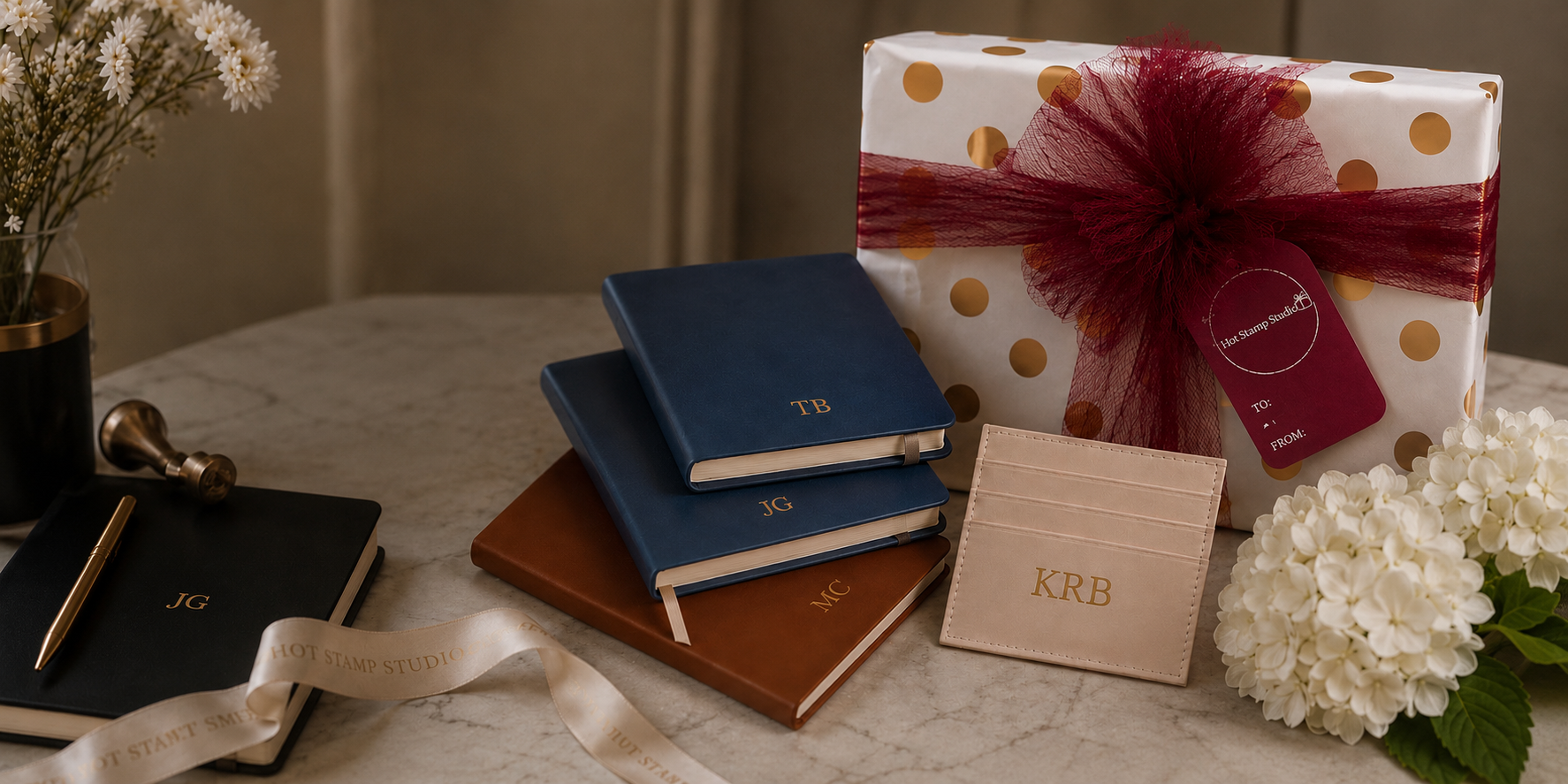 Luxury personalized gifts by Hot stamp studio featuring monogrammed journals, a personalized cardholder, and signature gift wrapping with white hydrangeas displayed on an elegant tabletop.