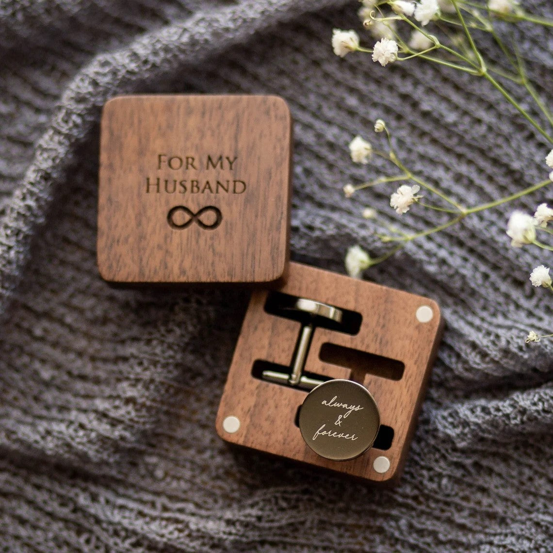 Personalized wooden box with custom round stainless steel cufflinks