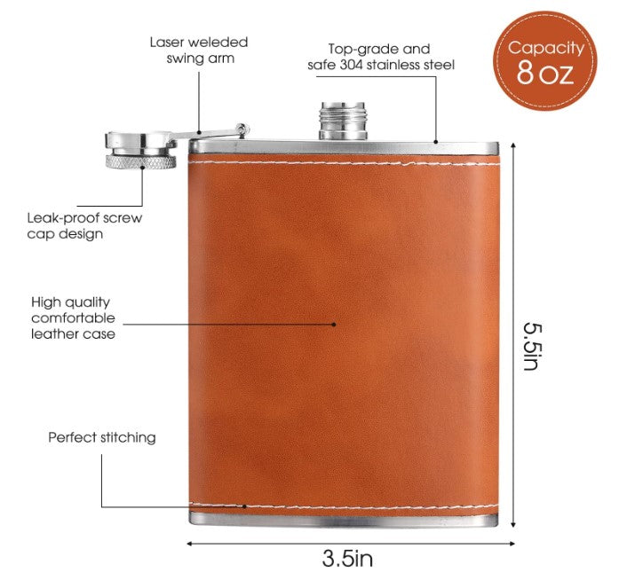 Customizable stainless steel flask. It holds 8oz of liquid and is 5.5 inches tall and 3.5 inches wide.